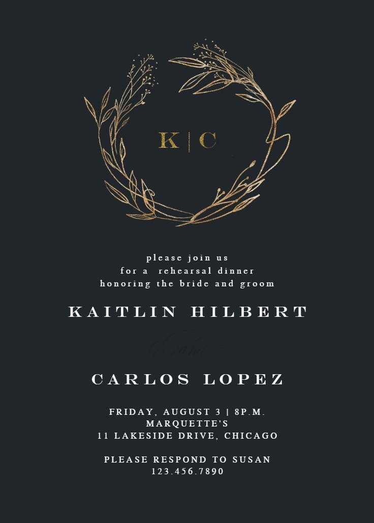 Monogram golden wreath - rehearsal dinner party invitation